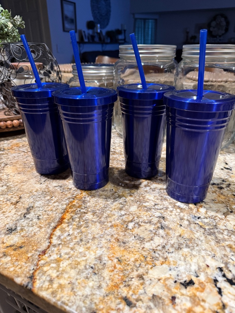 Set/4 Blue Reusable Stainless Tumblers with screw on lid and Straw - Home Dining